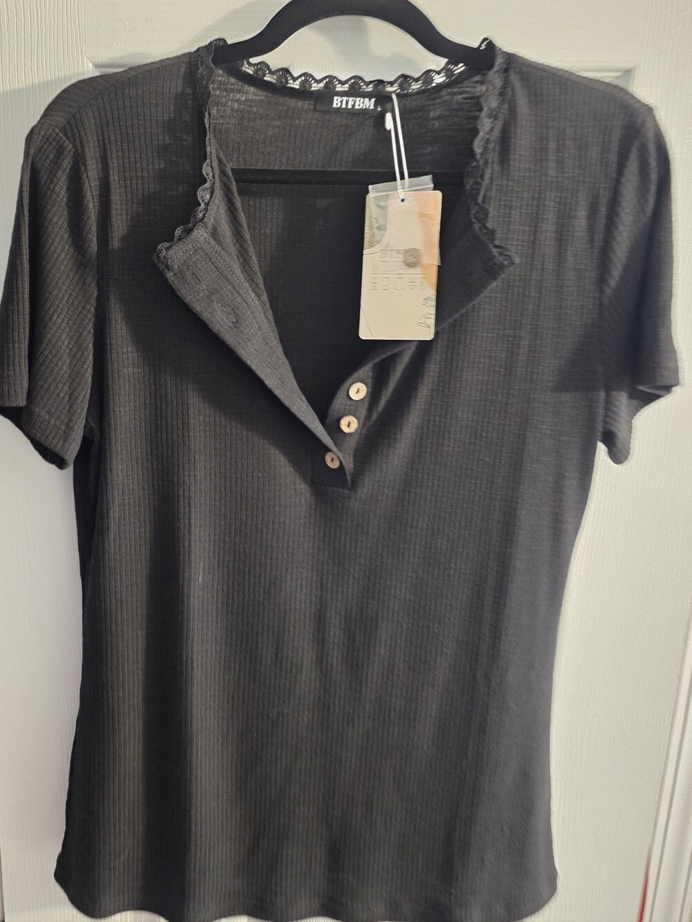 Women's Black Ribbed Henley Tee